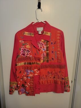 Diane Gilman Red Floral Embroidered Pants And Shirt Set